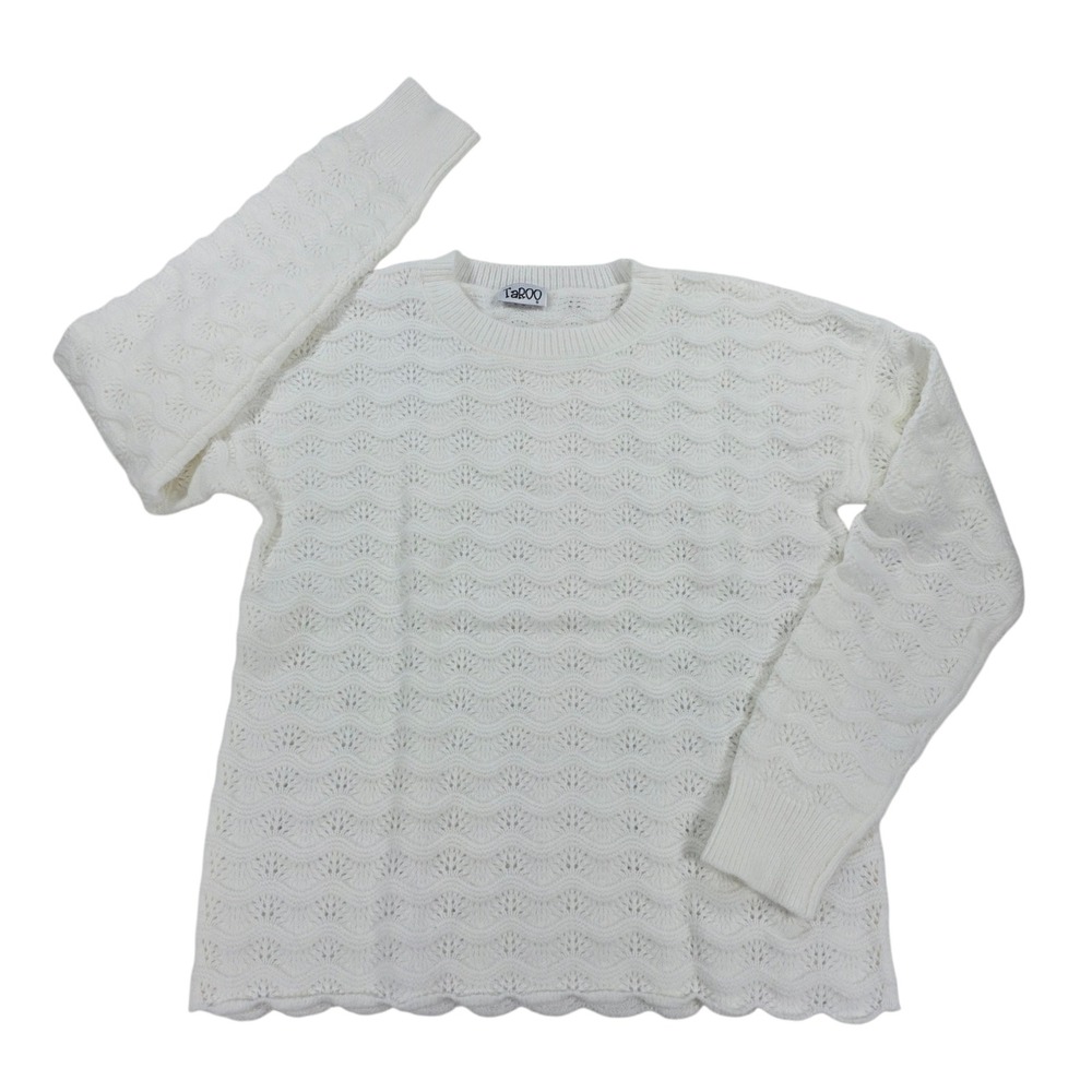 TaROO‎ Pointelle Scalloped Wave Knit Off White Sweater White S Womens Coquette